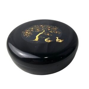 VTG Round Japanese Black Lacquered Lid ‎ with Tree & ducks over Porcelain Bowl